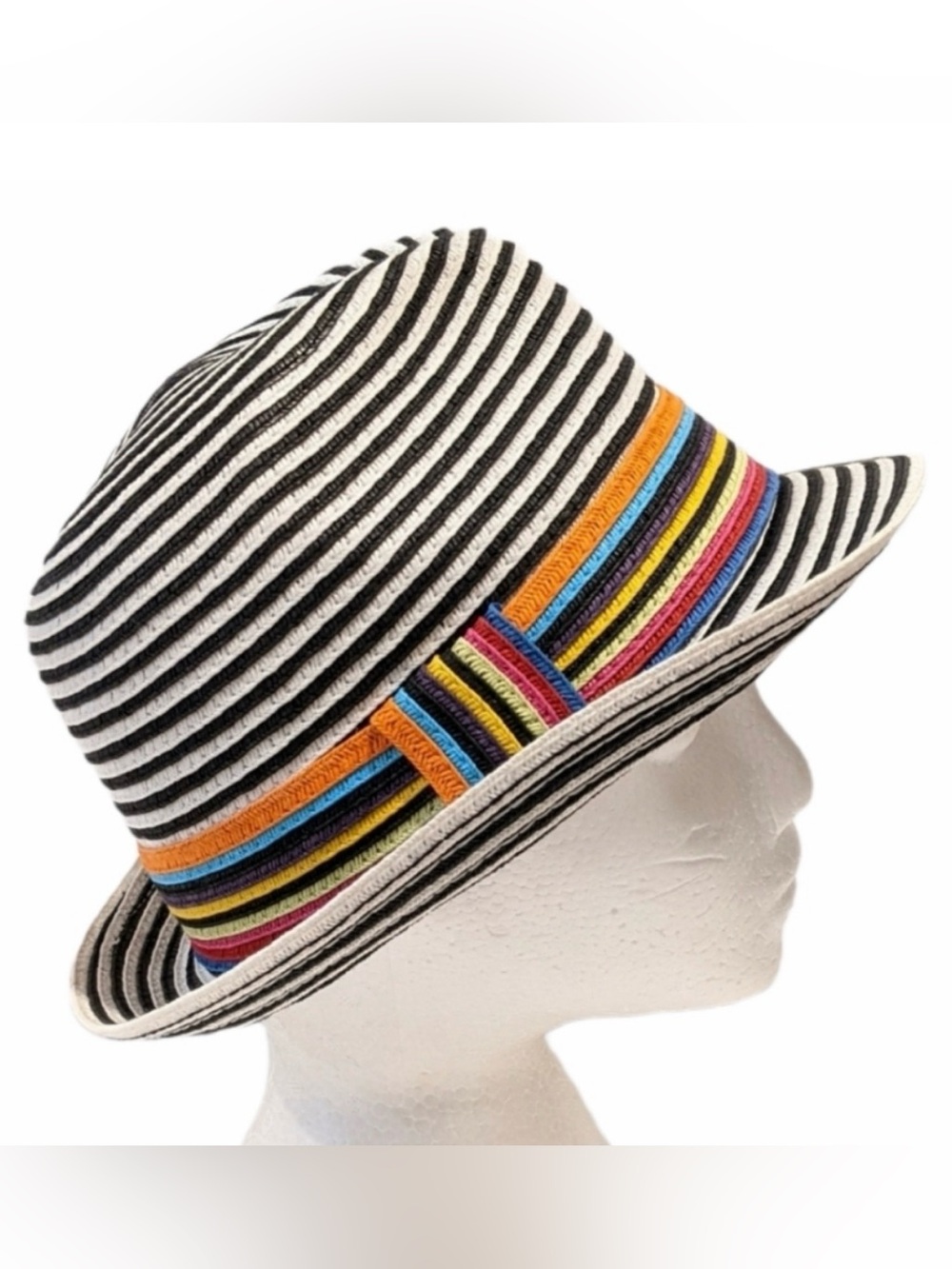Black & White Striped Fedora with Multicolor Band